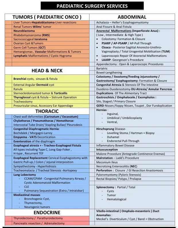 Hospital chart listing surgical services offered at the centre